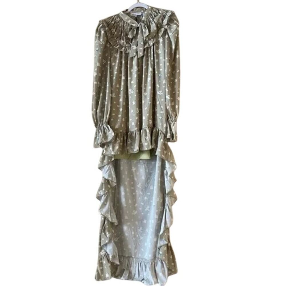 NWT WeWoreWhat High Low Polka Dot Floral Drape Ruffled Long Sleeve Dress S Sage - Picture 13 of 15